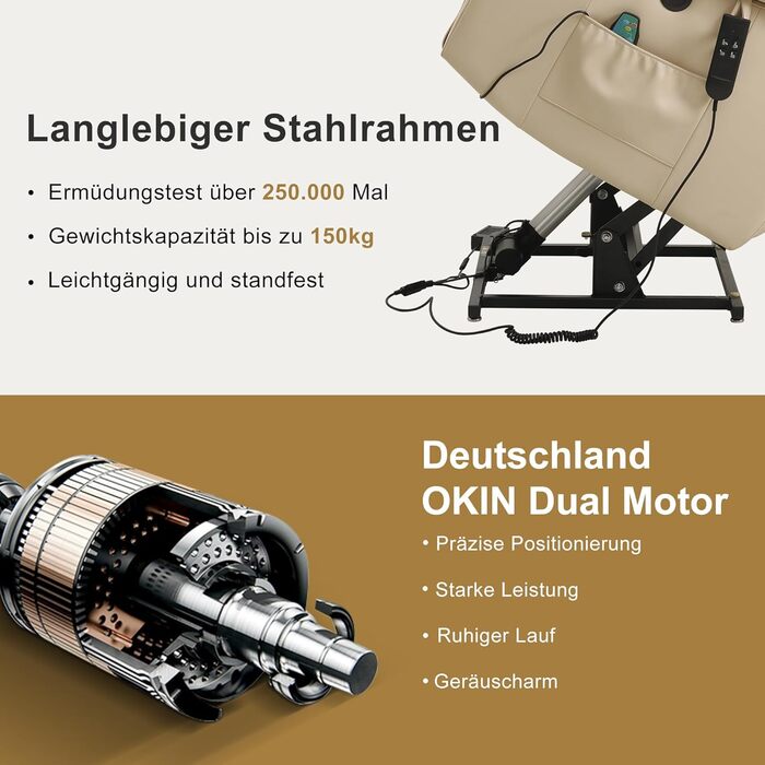 Моторне електричне безступеневе регульоване крісло-реклайнер з функцією нахилу на 180, крісло з функцією сну, масажне крісло з підйомником, вібрацією та підігрівом (бежевий), 2-