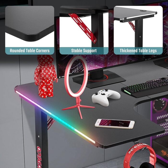 Г-подібний ігровий комп&39ютерний стіл Todeco зі світлодіодним підсвічуванням, кутовий стіл 160 x 100 см, ігровий стіл для ПК з вуглецевим волокном, з гачком для навушників та підставкою для чашок 160 x 100 см