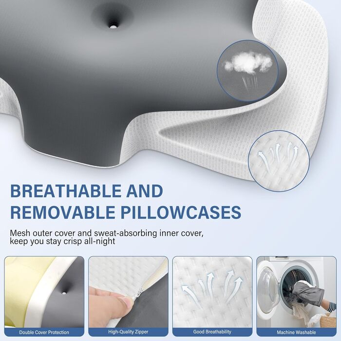 Дихаюча подушка для шиї з піни з ефектом пам&39яті, ергономічна подушка для сну на боці, спині та животі, сіра