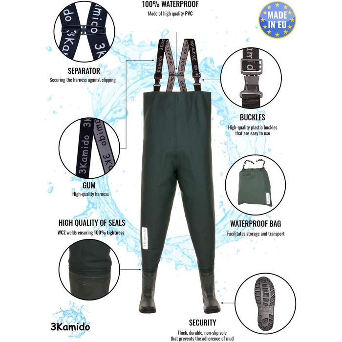 Вейдерси для підлітків, міцні підтяжки, сумка для перенесення та зберігання, суцільна підошва, чорний, зелений та джинсово-синій кольори, розміри 36, 37, 38, 39, 40, 41, 42 EU, дитячі рибальські черевики розмір 36 зеленого кольору