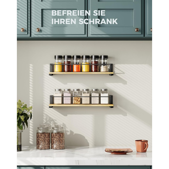 Настінні полиці для спецій OROPY з 2 предметів для кухні, підвісний органайзер для спецій із соснової деревини, дерев&39яна настінна кухонна полиця для дверцят шаф, банки для трав з анкером, банки для спецій - соснова деревина, 40x9 см, набір з 2 предметі