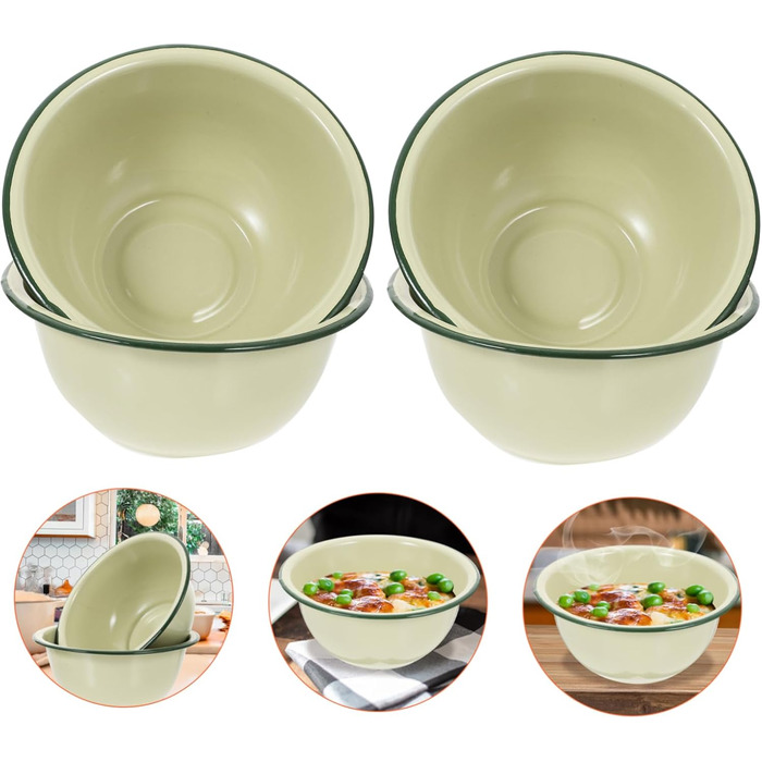 Набір із 4 вінтажних емальованих сталевих мисок, багатофункціональні супові миски для кухні та дому, діаметр 16 см, легко миються, декоративні, випадковий колір світло-зелений, 18x18x8 см