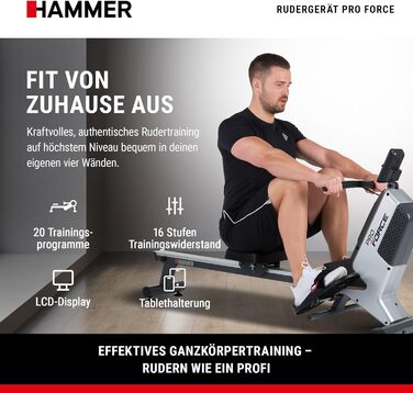 Гребний тренажер HAMMER Pro Force - компактний, легкий та високоефективний кардіотренажер з 20 програмами тренувань та тримачем для планшета, вага користувача до 120 кг