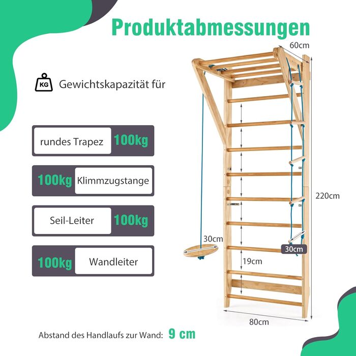 Дерев&39яна стіна для скелелазіння GYMAX, стіна для скелелазіння в приміщенні для дорослих та дітей, гімнастична стіна з турніком, мотузковими сходами та трапецією, стіна для фітнесу, вантажопідйомність до 100 кг, шведські сходи для домашнього використанн