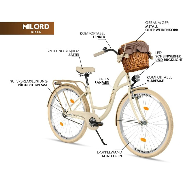 Велосипед Milord Comfort з плетеним кошиком, голландський велосипед, жіночий велосипед, міський велосипед, ретро, вінтажний, 28 дюймів, зелено-кремовий, 1 швидкість