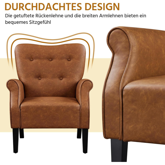 Сучасне крісло Yaheetech з вигнутою спинкою та дерев&39яними ніжками, м&39яке крісло-реклайнер, крісло для телевізора з підлокітниками, одномісний диван, комфортне сидіння, ретро-коричневий колір, поліуретан