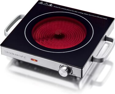 Інфрачервона варильна поверхня HEINRICHS Склокерамічна варильна поверхня з інфрачервоним нагріванням, електричні варильні поверхні, що підходять для всіх каструль і сковорідок, 2000 Вт для кемпінгу/офісу/кухні/на відкритому повітрі/одиночна, одинарна вари