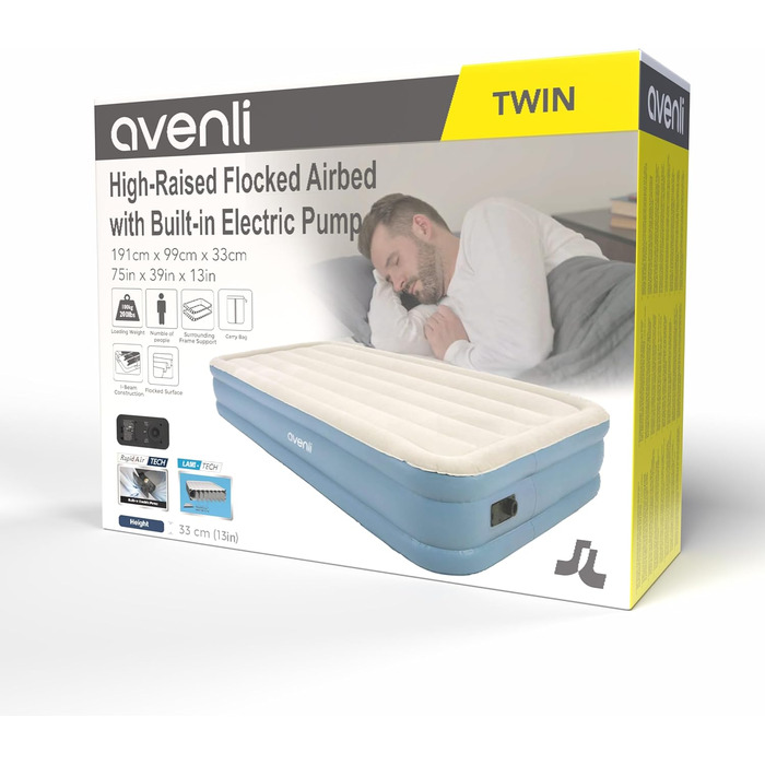 Самонадувальний надувний матрац/ліжко AVENLI для 1 особи, 1999x33 см, надувне гостьове ліжко з вбудованим насосом, висока спальна поверхня, флокована поверхня для кемпінгу та дому