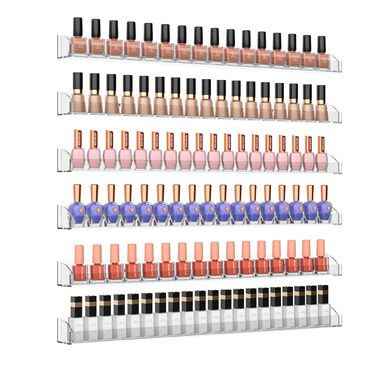 Настінна полиця для лаків для нігтів 61 см, прозора, зі знімною кришкою, набір з 6 шт. , акриловий настінний органайзер, полиці для зберігання лаків для нігтів на 150 пляшечок (60 см), прозора, 61 см