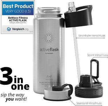 Пляшка для пиття з нержавіючої сталі АКТИВНА КОЛБА соломинка (3 кришки) Не містить бісфенолу А, герметична, вугільна кислота Підхо