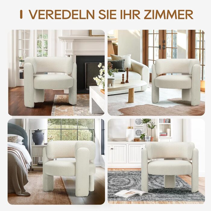 Сучасне оксамитове крісло COLAMY з м&39якою спинкою, м&39яке крісло для вітальні, зручне кругле крісло для відпочинку з 3 ніжками для вітальні, спальні, куточка для читання, кремового кольору, комплект з