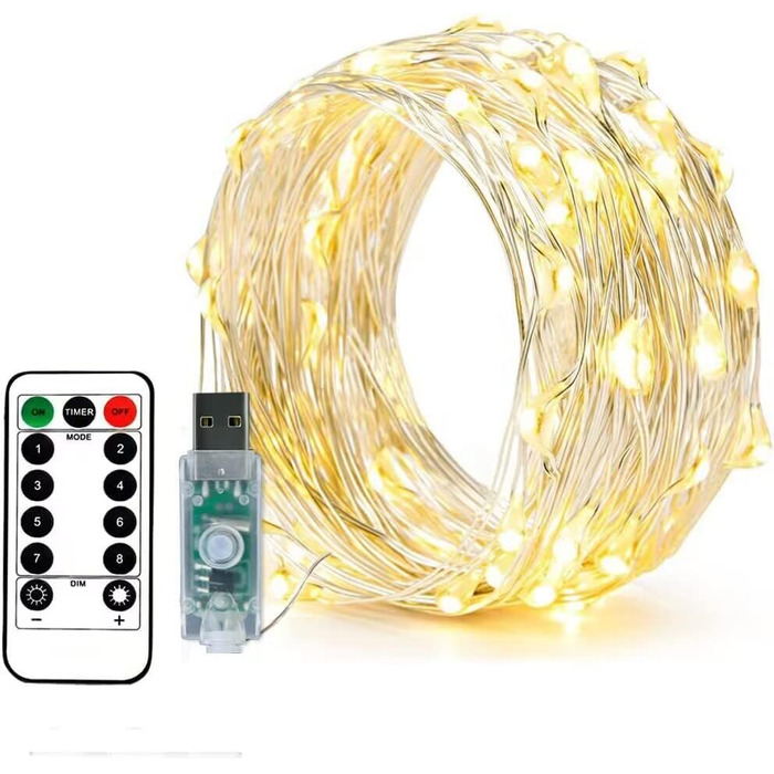 Гірлянди USB 10 метрів сріблястий дріт з пультом дистанційного керування таймером 8 програм і регулюванням яскравості (теплий біли