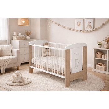 Дитяче ліжечко/ліжечко для малюків 120x60 см з масиву бука регульована висота в 3 напрямках, 3 знімні перекладини, перевірено EN 716 білий/сонома, ведмедик Модель Kamil