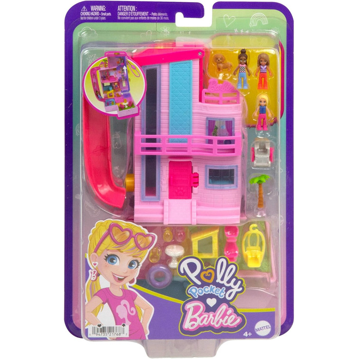 Ігровий набір Polly Pocket Barbie Dreamhouse Box, з 3 мікроляльками, 1 цуценям, 11 аксесуарами, ліфтом та басейном, HWP11