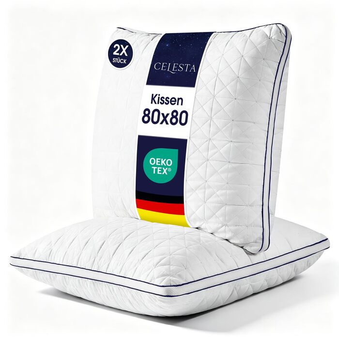 Подушки CELESTA 80x80, комплект з 2 шт. - Подушки з мікрофібри готельної якості на блискавці, пухнасті подушки для сну, дихаючі, можна прати, сертифіковані Oeko 80x80 (комплект з 2 шт.)