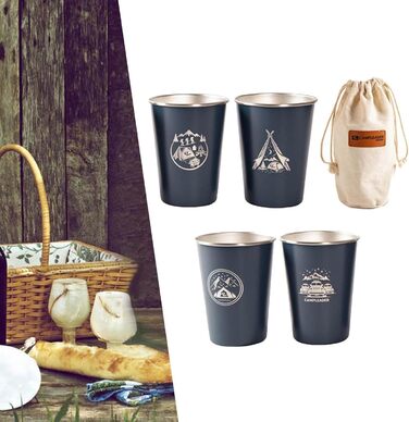 Чашки для активного відпочинку, виготовлені з нержавіючої сталі, що штабелюється, ідеально підходять для кемпінгу, подорожей та щоденного використання. У комплект входять 4 склянки з нержавіючої сталі, столові прибори, посуд для вечірок та скелелазіння, ч