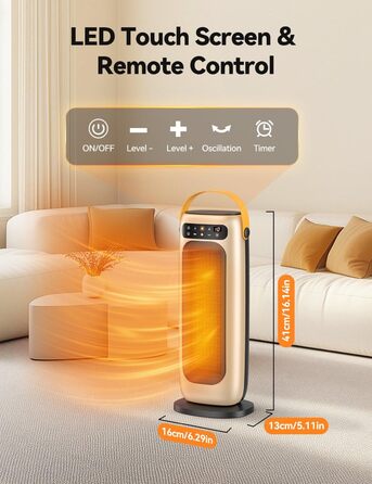 Енергозберігаючий електричний вентилятор-обігрівач, тихий та потужний 35 дБ, керамічний вентилятор-обігрівач PTC потужністю 1500 Вт з пультом дистанційного керування, 4 режими, коливання 110, таймер 1-10 годин, захист від перегріву та перекидання, невелик