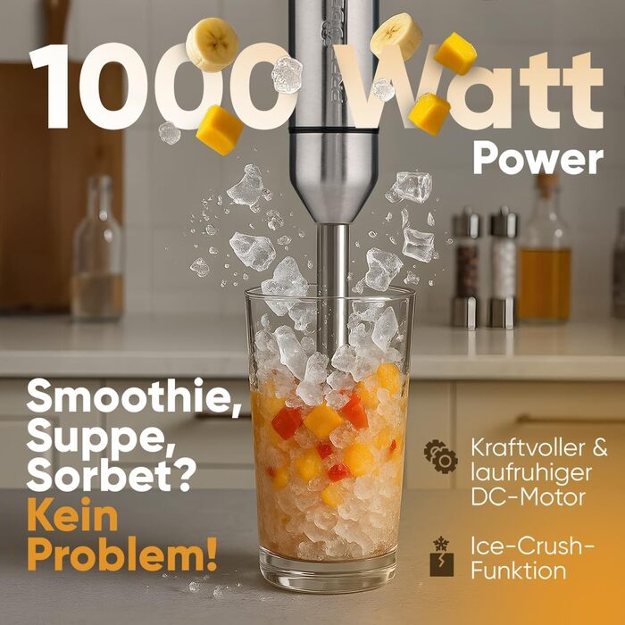 Занурювальний блендер ProfiCook 1000 Вт подовжена насадка тихий DC-двигун функція подрібнення льоду 4-лезовий ніж підходить для гарячих страв PC SM 1317