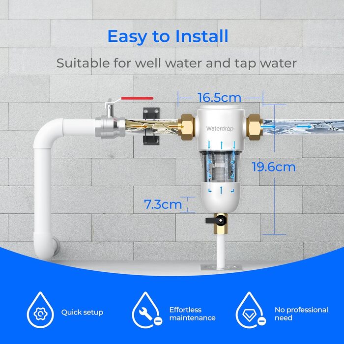 Осадовий фільтр Waterdrop Spin Down, багаторазовий фільтр для осаду для всього будинку, система попереднього фільтрування з можливістю промивання для міської/колодязної води, 1&39 3/4&39 MNPT, WD-PF01