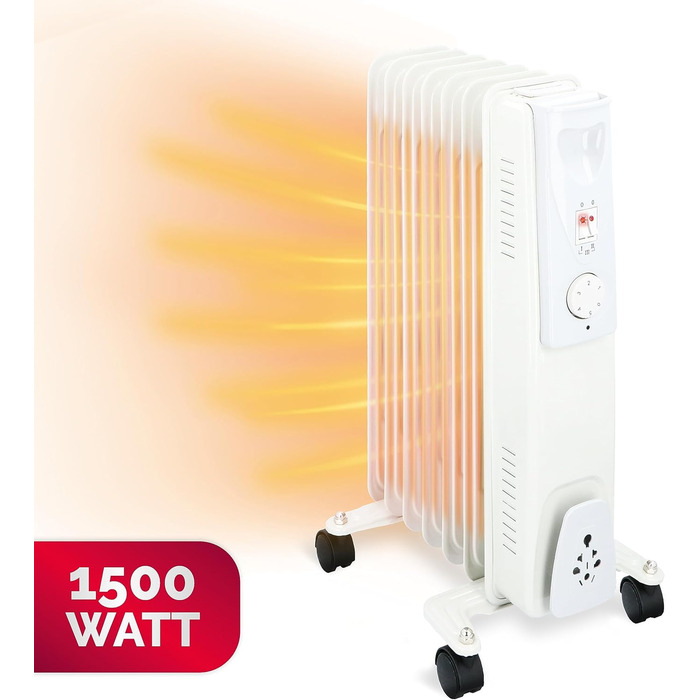 Масляний радіатор Alpina 1500 Вт Електричний обігрівач з термостатом Електричний радіатор опалення Портативний електричний радіатор на колесах Компактний електричний підставний обігрівач із захистом від перегріву Білий
