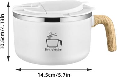 Велика чаша швидкого приготування з нержавіючої сталі 304 об&39ємом 1200 мл, чаша для рамену з кришкою та ложкою, для локшини, пасти, фруктів, салату з пасти та рису (біла)