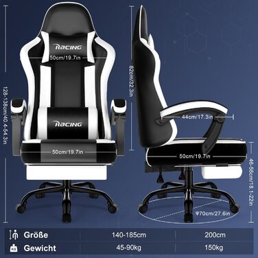 Ігрове крісло, ергономічне ігрове крісло з регульованими подушками для поперекової та підголівникової опори, ігрове крісло з підставкою для ніг, ігрове крісло вантажопідйомністю до 150 кг, біле з колесами з поліуретану