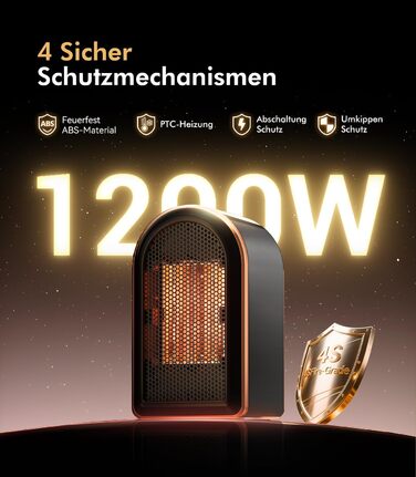 Міні-обігрівач для ванної кімнати 9.0 Upgrade Потужність нагріву 1 сертифікований SPD 4 безпечні механізми захисту Керамічний обігрівач Енергозберігаючий Спальня Офіс, Чорний електричний обігрівач для кемпінгу
