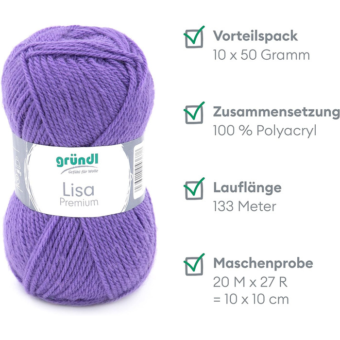 Пряжа Grndl Lisa Premium Uni Knitting & Chet Yarn (м'яка і вовняна характер, проста в догляді миється трикотажна пряжа з 100 поліакрилу, 50 г/ 133 м, розмір голки 3,5 - 4,5, 10 клубків по 50 г кожен), (фіолетовий 43)