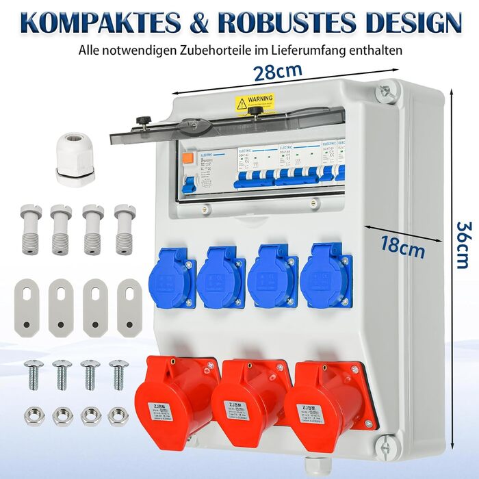 Настінний розподільний щиток живлення, попередньо підключений, 4 шт. 230 В 2 шт. CEE 16 A CEE 32 A, розподільний щиток живлення для будівельного майданчика з пристроєм захисного відключення (RCD) 50 А та автоматичним вимикачем, водонепроникний корпус IP67