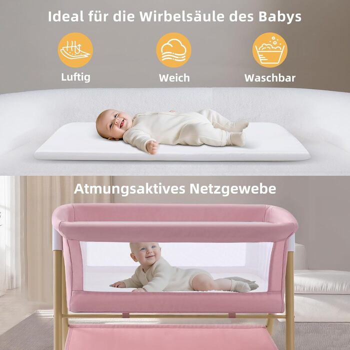 Дитяче ліжечко, переносне ліжечко з матрацом для дитячих ліжок на колесах, дорожнє ліжечко з москітною сіткою та місцем для зберігання для немовлят та новонароджених, легка та дихаюча сітчаста конструкція, рожевий колір