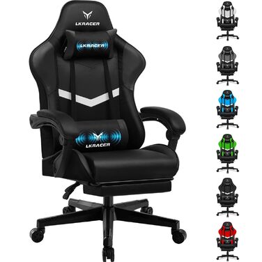 Ігрове крісло LUCKRACER з підставкою для ніг, ергономічне офісне крісло з регульованою поперековою подушкою та підголівником, ігрове крісло з регулюванням висоти, вантажопідйомність 150 кг, чорний колір
