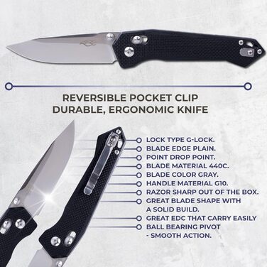 Складаний кишеньковий ніж, лезо з нержавіючої сталі 440C, ергономічна рукоятка G10 з кліпсою, полювання, риболовля, кемпінг, папка
