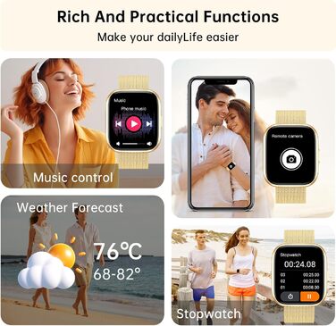 Жіночий смарт-годинник із функцією телефону, сенсорний екран 1,85 дюйма, фітнес-трекер, понад 120 спортивних режимів, водонепроникність IP68, фітнес-годинник із серцевим ритмом, SpO2, монітором сну, крокоміром, смарт-годинник для iOS та Android, золотисти