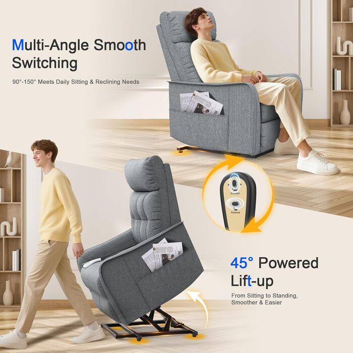 Крісло-відкидка, крісло для телевізора, масажне крісло з підйомником, електричне крісло для вітальні з функцією масажу та підігріву, 2 бічні кишені, крісло-відкидка з функцією відкидання, крісло для телевізора, сірий