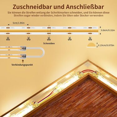 Світлодіодна стрічка COB тепла біла 5 м, світлодіодна стрічка з регулюванням яскравості 24 В 3000 К, стрічка світлодіодна самоклеюча водонепроникна IP44, світлова стрічка з блоком живлення та контролером для нижньої стільниці, телевізор Кухня Вітальня Сві