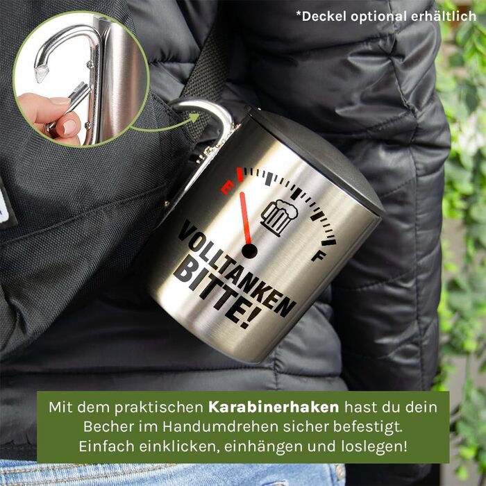 Долийте, будь ласка Чашка з нержавіючої сталі з карабіном Ідея подарунка 330 мл Чашка Для кемпінгу Ключки Сріблястий без кришки