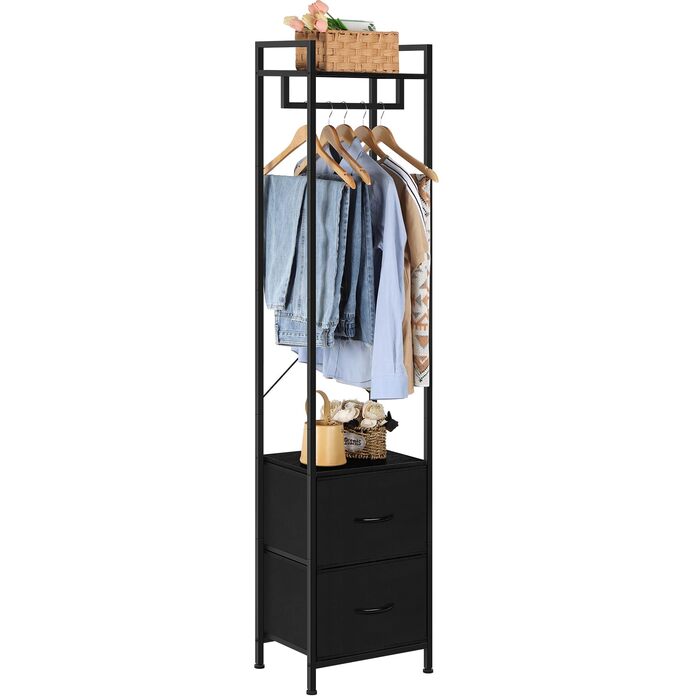 Чорна вішалка для одягу, міцна вішалка для одягу, окремостояча гардеробна стійка з шухлядою, мінімалістична вузька вішалка для одягу для дому, спальні, вітальні