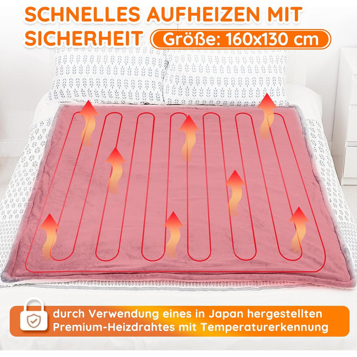 Електрична ковдра Mia&Coco з автоматичним вимкненням, 160x130 см, 10 налаштувань нагріву, 9-годинний таймер автоматичного вимкнення, захист від перегріву, можна прати в пральній машині, фланелева електрична ковдра для ліжка, дивана та вітальні, сіра, 130x