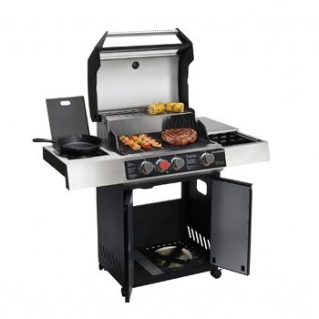 Газовий гриль Amig Fireplus XL GRILL-2 4F (129 x 55 x 115 см) чавунна решітка (60 x 41,5 см), термометр, бічна полиця, нижня шафа та колеса з гальмами, чорний
