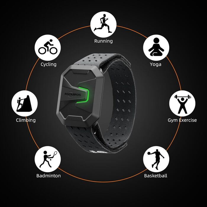 Браслет ROCKBROS з пульсометром, Bluetooth ANT, фітнес-трекер із світлодіодним індикатором зон серцевого ритму, водонепроникний оптичний датчик пульсу IP67, акумулятор 15 годин, магнітна зарядка