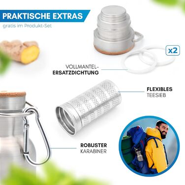 Ізольована пляшка для води NORDMUT з нержавіючої сталі 1 л заварник для чаю Термос, який можна мити в посудомийній машині Ізольована пляшка для дітей та дорослих Герметична пляшка для води З практичним заварником для чаю 1000 мл