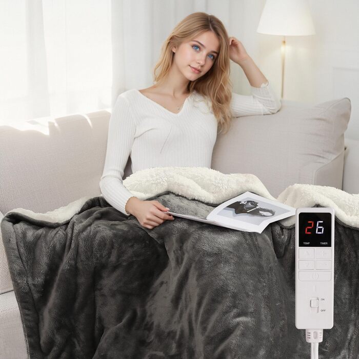 Електрична ковдра з підігрівом та автоматичним вимкненням, 130x160 см, фланель та бавовна, 9 налаштувань температури та 9-годинний таймер, захист від перегріву, м&39яка та приємна для шкіри, можна прати в пральній машині, для дивана/ліжка, світло-сірий 00
