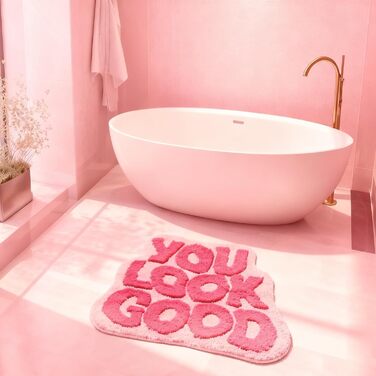 Килимок для ванної HARY, рожевий, 50 x 80 см, килимок для ванної You Look Good, барвистий, асиметричний килимок для ванної кімнати, килимок для ванної, нековзний килимок для душу, рожевий килимок з дофаміновим декором, роздягнися
