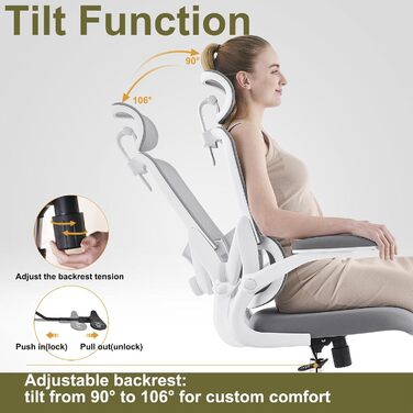 Ергономічне офісне крісло для домашнього використання, висока сітчаста спинка, з регульованою поперековою опорою, складні підлокітники, знімний підголівник, обертове ігрове крісло, компактне, 150 кг (білийсірий)