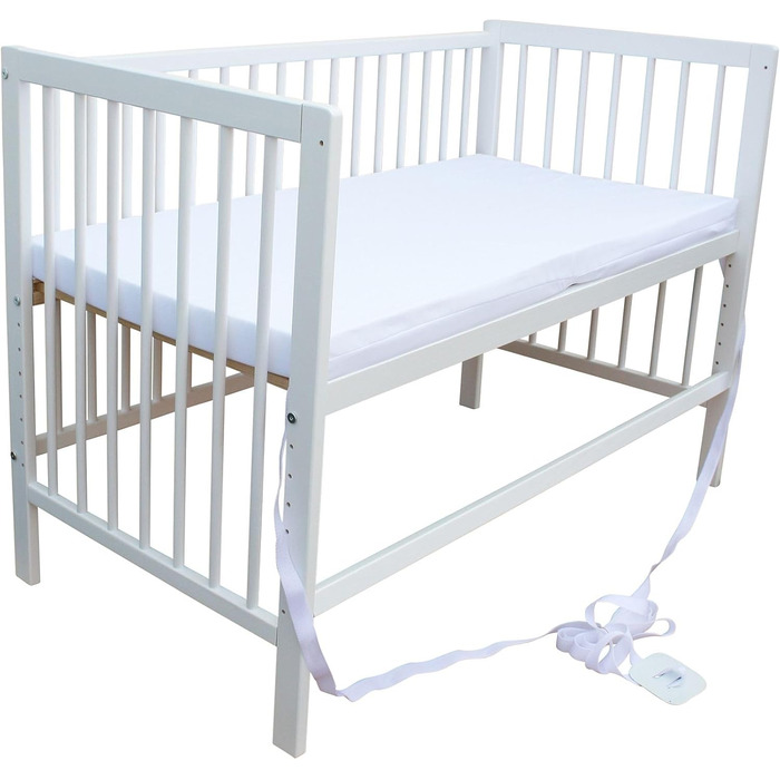 Дитяче ліжко - тумбочка - ліжко-трансформер 120x60 см з ременем, колесами та матрацом (біле з матрацом)