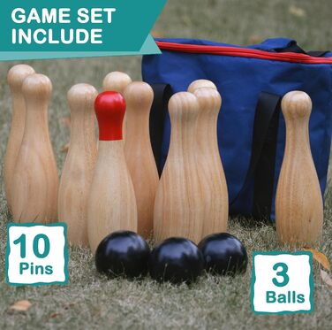 Дерев&39яний набір для боулінгу з пляшками для метання, гра на газоні для всієї родини, ігровий набір з сумкою для перенесення (В 26 см, 10 кілочків 3 м&39ячі) Висота 26 см, 10 кілочків 3 м&39ячі