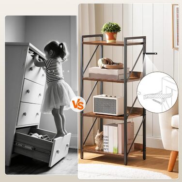 Книжкова полиця HOOBRO, стояча полиця, полиця-драбина, окремостояча вузька полиця, офісна полиця з 4 ярусами, відкриті полиці, для вітальні, спальні, офісу, кухні, рустикальний коричневий та чорний EBF40SJ01 42 x 28 x 102 см рустикальний коричневий чорний