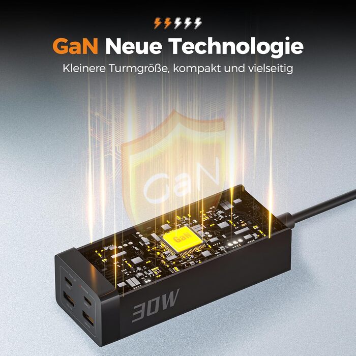 Подовжувач TESSAN 30 Вт USB C, швидка зарядка GaN USB C з 2 відсіками та 4 USB, розетка з подовжувачем 2M, захист від перенапруги