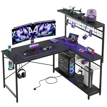 Геймерський стіл Bestier 130 см L-подібний, двосторонній кутовий стіл з розетками, світлодіодним підсвічуванням, 4 полицями, гачками та підставкою для чашок, ідеально підходить для домашнього офісу та ігор, 130 см з вуглецевого волокна, чорний