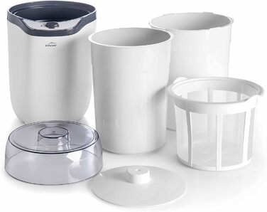 Йогуртниця Lacor 69246, пластикова кришка, включаючи два контейнери 1,6 л і 1,8 л, чашки, які можна мити в посудомийній машині, 8-14 годин Підготовка 20 Вт, поліпропілен, 1,8 літра, поліпропілен, білий